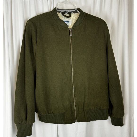 Old Navy Wool Sherpa Bomber Jacket Army Green Cream M cold weather travel 53-09 - Picture 1 of 16